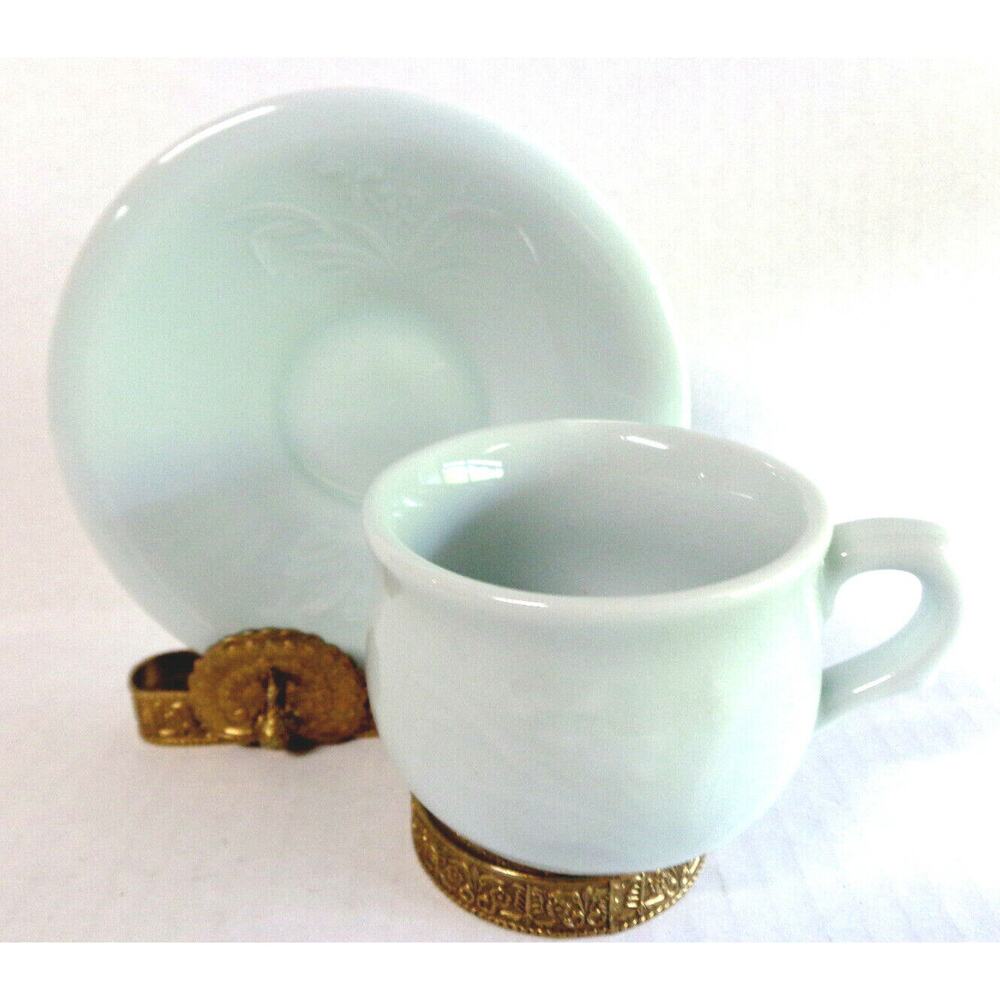 Asian Flower Tea Cup Saucer Set Green Heavy Jadeite Coffee Mug Set Raised Design